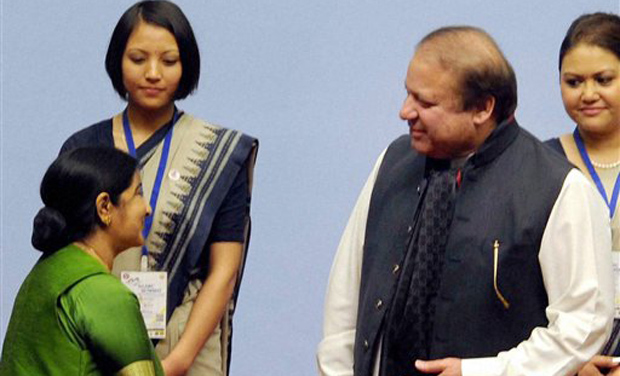 Pakistani Prime Minister Nawaz Sharif with Union External Affairs Minister Sushma Swaraj at the 18th SAARC Summit in Kathmandu. (Photo: PTI) Pakistani Prime Minister Nawaz Sharif with Union External Affairs Minister Sushma Swaraj at the 18th SAARC Summit in Kathmandu. (Photo: PTI)